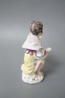 An 18th century Meissen figure of a girl holding her apron to make a basket shape kneeling on the mound scroll moulded base, small crossed swords in blue on the backside of the base. 9.5cm